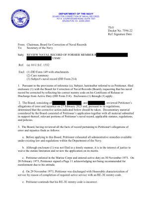 发件人：海军记录更正委员会主席 收件人：海军部长 主题：审查前美国海军陆战队成员 R 的海军记录 编号：(a) 10 USC 1552 附件：(1) DD 表格 149 及附件 (2) 案件摘要 (3) 当事人的海军记录（DD 表格 214） 1. 根据参考 (a) 的规定，当事人（以下简称为申请人）向海军记录更正委员会（委员会）提交了附件 (1)，请求更正其海军记录，在其解除或退伍证书（DD 表格 214）中反映其正确的再入籍代码。附件 (1) 至 (3) 适用。 2. 委员会由 、 和 组成，于 2023 年 2 月 27 日审查了请愿人的错误和不公正指控，并根据其规定，确定应采取下述纠正措施。委员会审议的文件材料包括请愿人的申请及其提交的所有支持材料、请愿人海军记录的相关部分、适用的法规、条例和政策。3. 委员会审查了与请愿人的错误和不公正指控有关的所有记录事实，发现如下：a. 在向委员会提出申请之前，请愿人已用尽海军部现行法律和法规规定的所有行政补救措施。b. 尽管附件 (1) 未及时提交，但放弃诉讼时效并根据案情审查申请符合正义的利益。c.申诉人于 1971 年 11 月 30 日加入海军陆战队并开始服现役。1973 年 2 月 20 日，申诉人签署了第 11 页，承认由于他的态度，不建议重新入伍。d. 1973 年 11 月 29 日，申诉人以光荣服役身份退伍，理由是他完成了所需的现役服务并获得了 RE-3E 再入伍代码。
